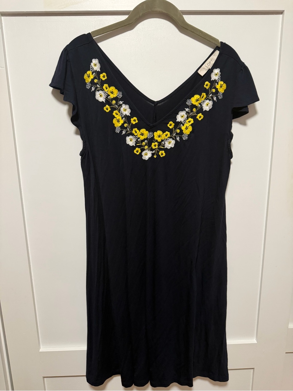 LOFT Navy Dress with Yellow & White Floral Embroidery